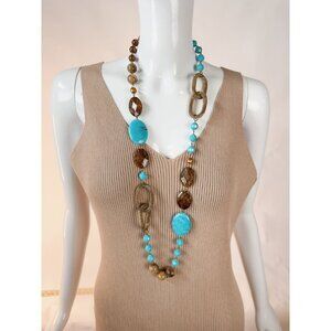 Vintage Gold-Tone & Turquoise Colored  Beaded Statement Necklace 42" Long Layere